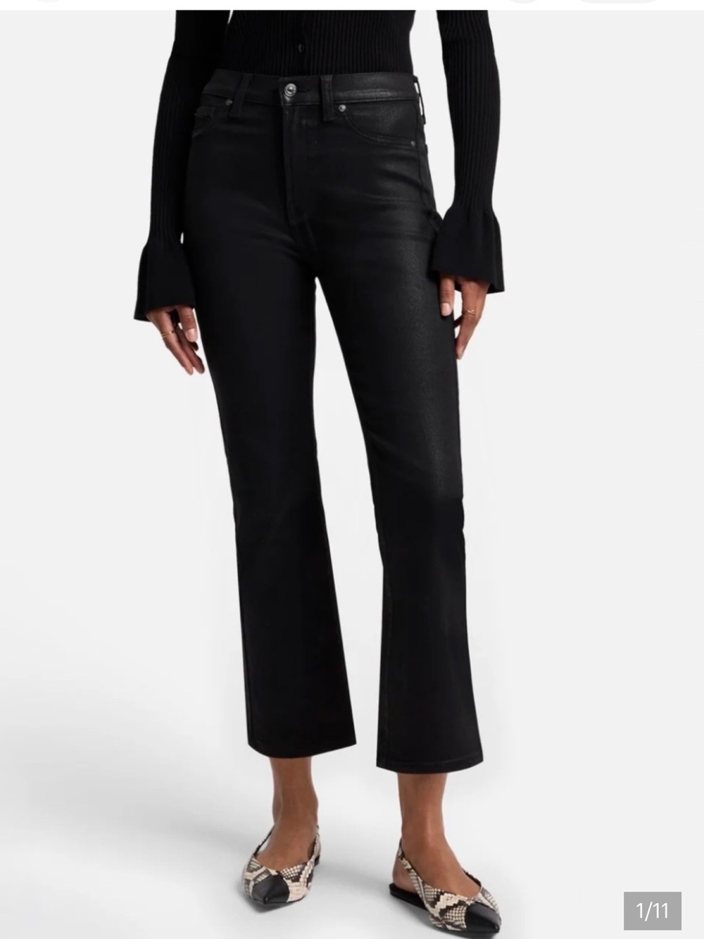 7 For All Mankind Brown High-Rise Cropped Flare wax Jeans